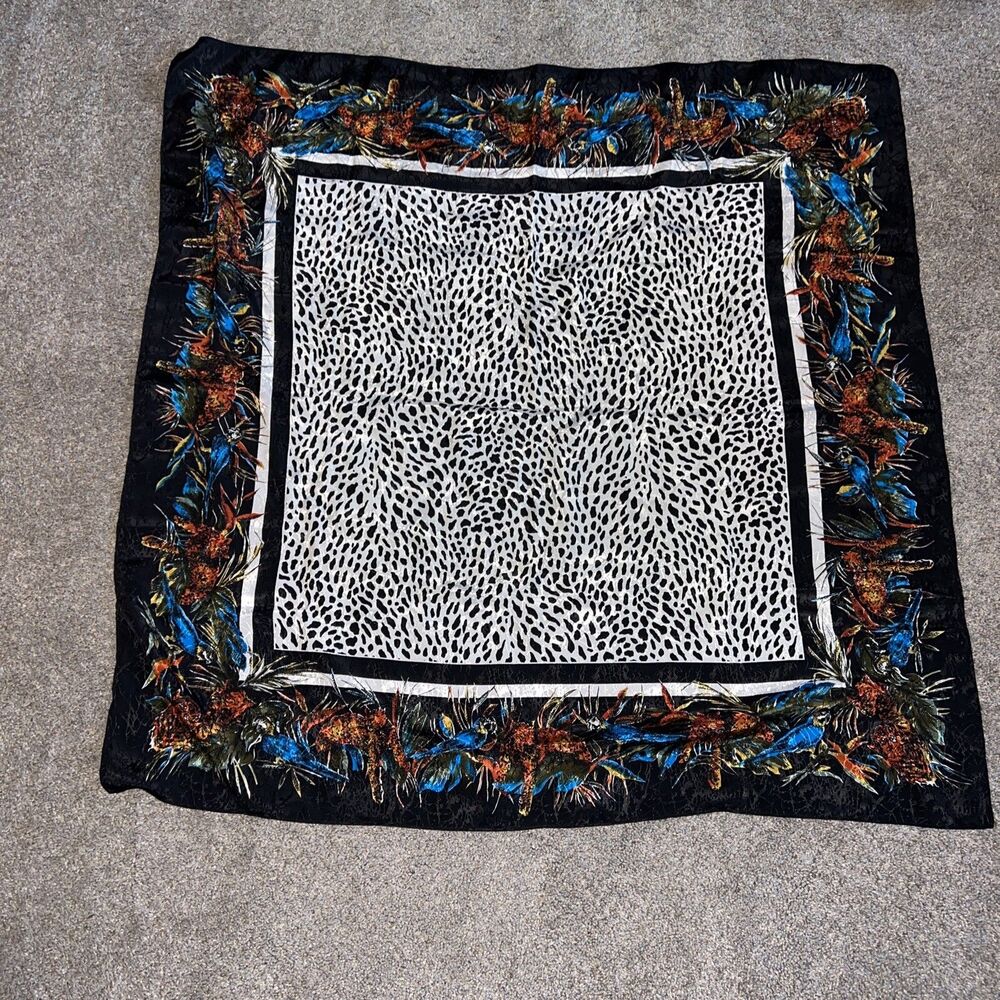 Animal Print Silk-Look Scarf w/ Cheetah & Teal Bird Parrot 35" X 35” Square Nice